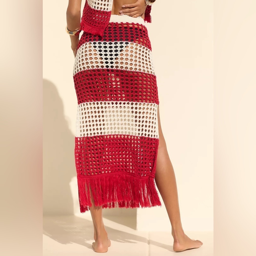 NWT Size M - Farm Rio 100% Cotton Red Striped crochet maxi skirt